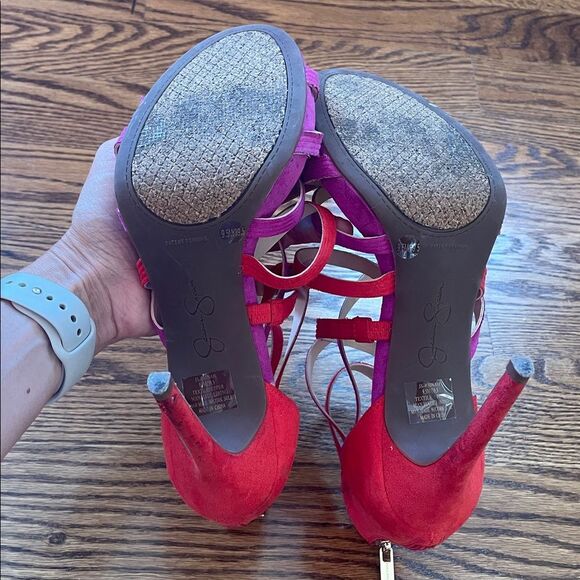 Jessica Simpson Strappy Red and Purple Faux Suede Heels Size 9.5 - Picture 9 of 12